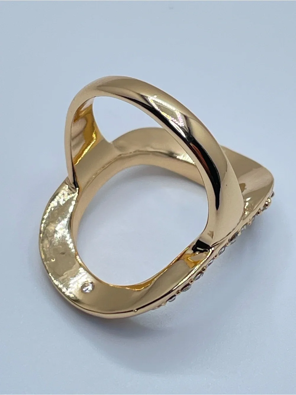 Gold Tone Open Oval Crystal Statement Ring Modern Glam Cocktail Ring
